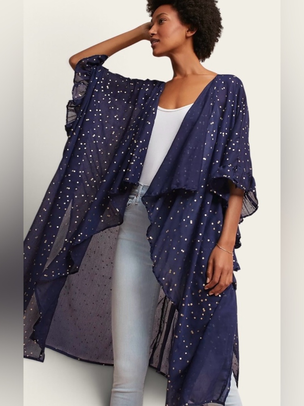 Elizabeth Gillet Navy Ruffled Galaxy
Kimono Open-Front Duster One Size A4